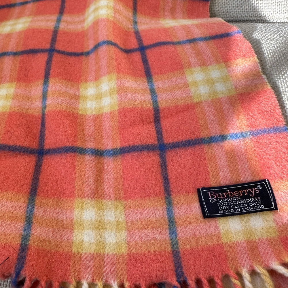 burberry cashmere scarf. orang with blue plaid - Picture 2 of 5